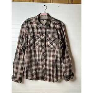 Men's 2XL Affliction Black Premium Button-Up Plaid Flannel Shirt Y2K EMBROIDERED